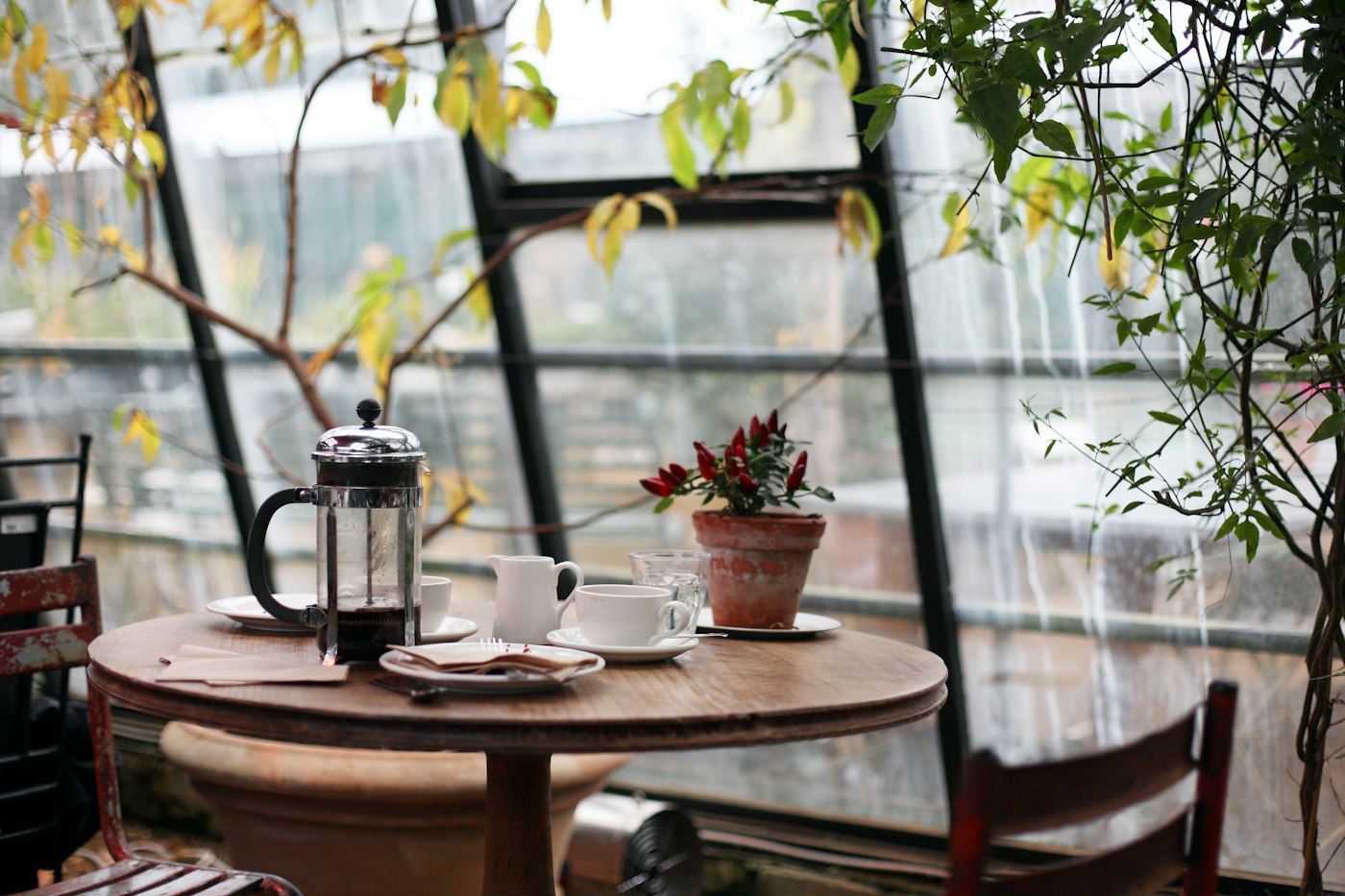 Sudut seating kedai kopi dengan pencahayaan yang nyaman