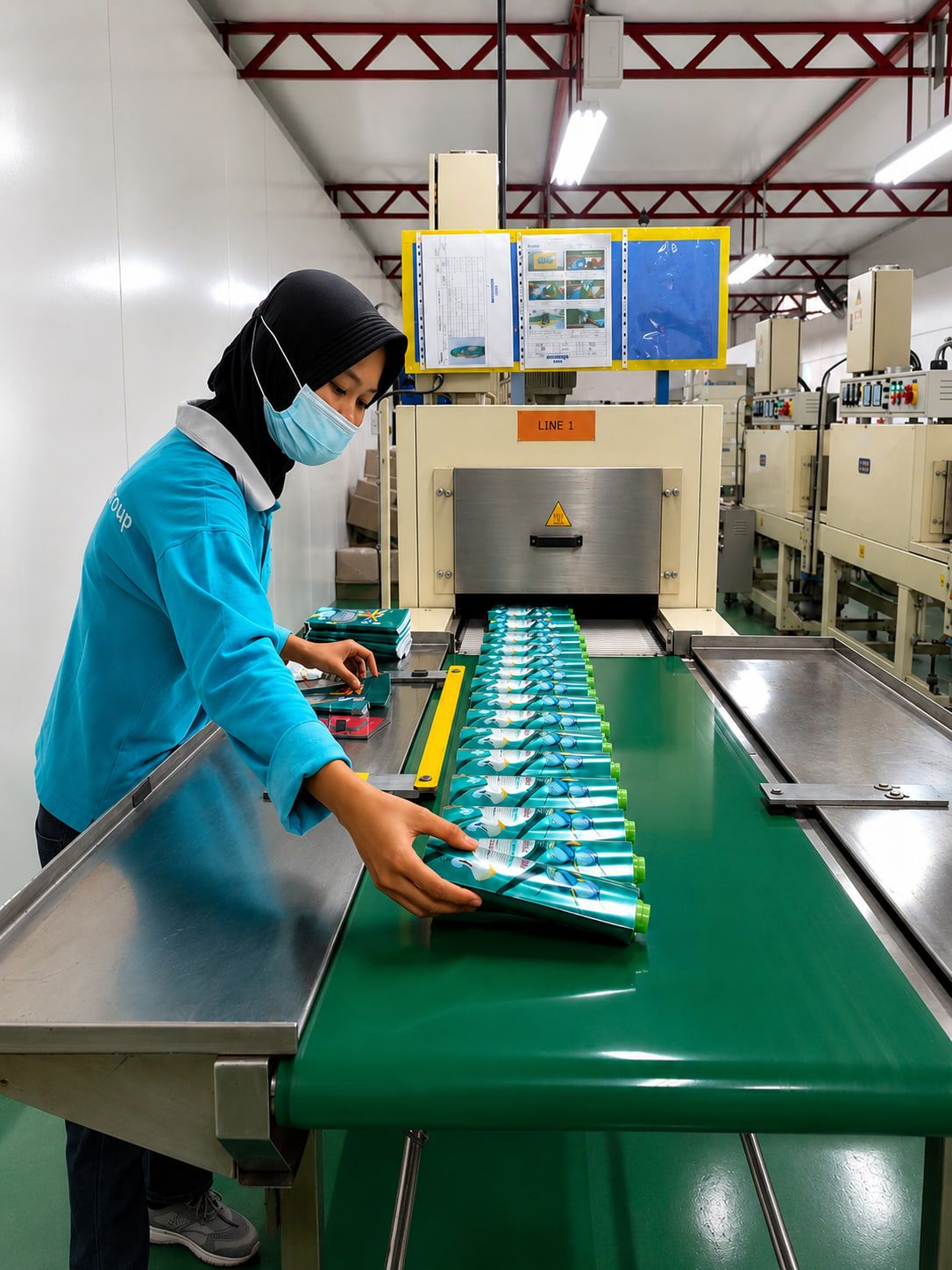 Operator memeriksa botol berdekorasi di lini pelabelan